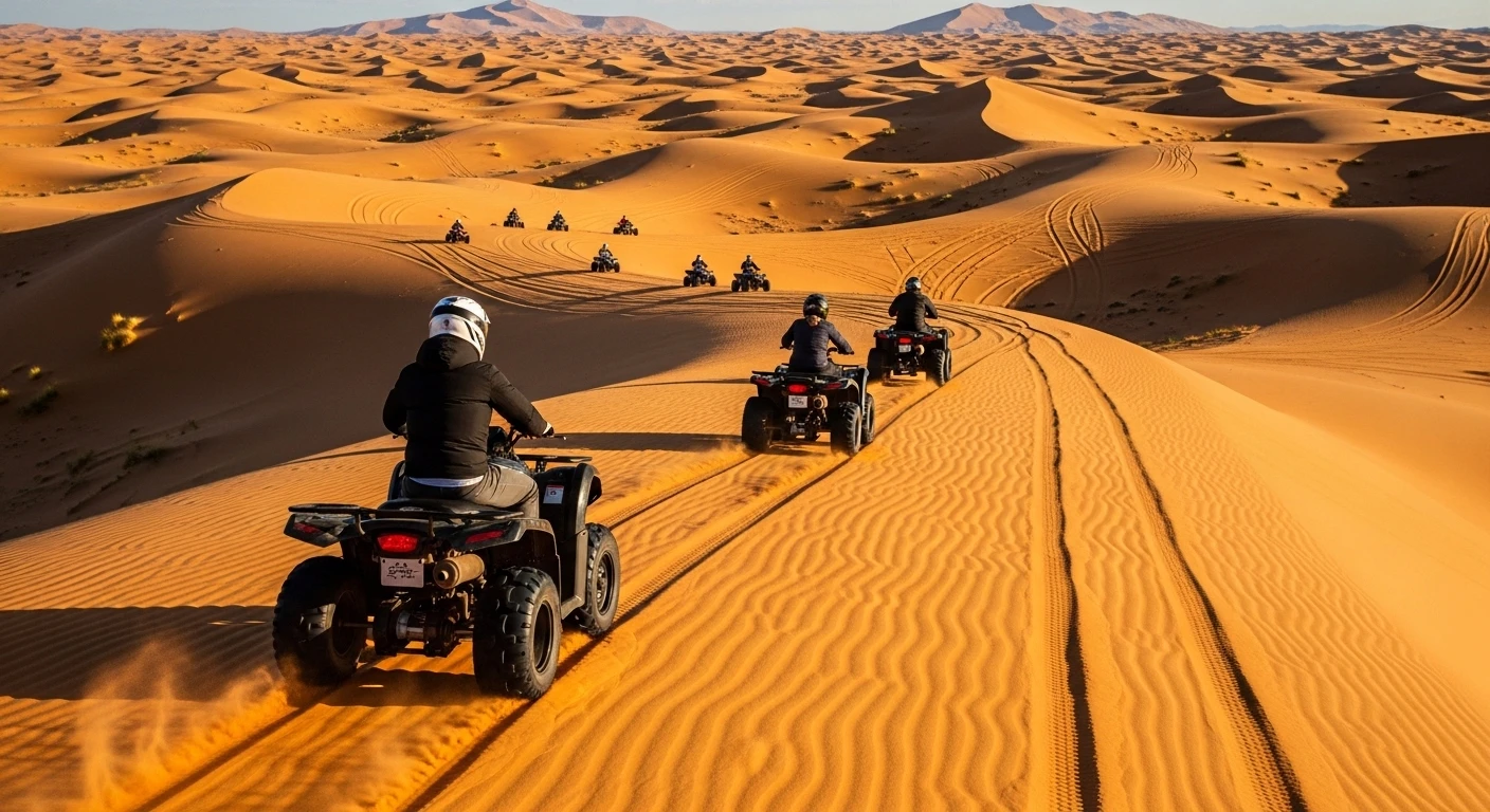 Group riding quad bikes through vast desert sand dunes