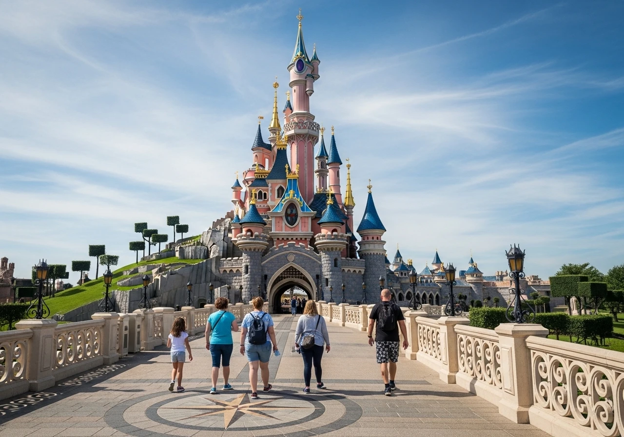 Tourists walking towards a large fairy tale castle