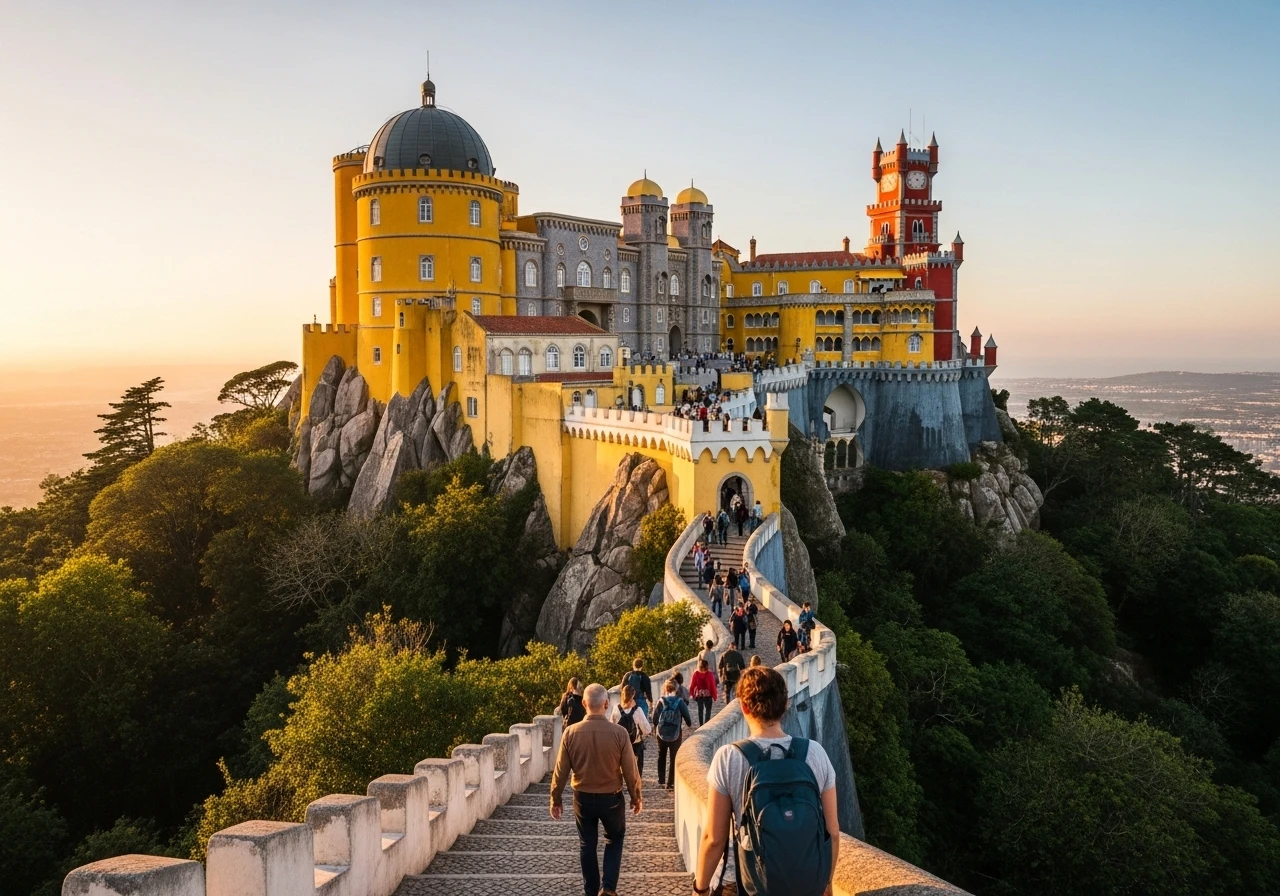 Pena Palace in Sintra Portugal at sunset with tourists