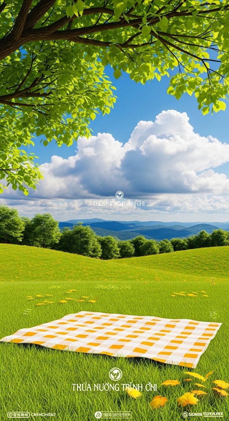 Picnic blanket on green meadow with mountain landscape view