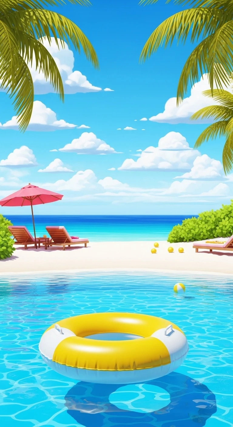 Tropical swimming pool with yellow inflatable ring by the beach