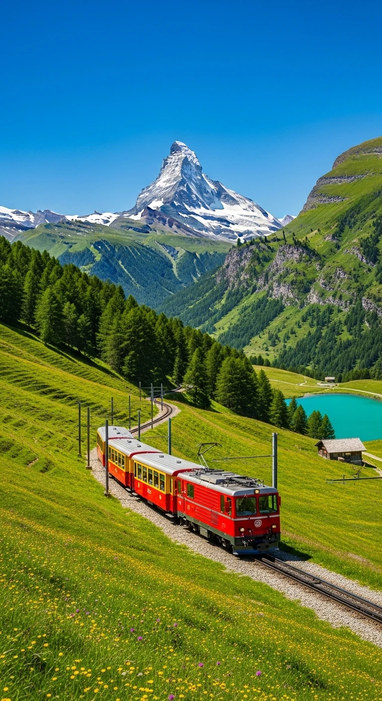 Red Swiss train traveling through green meadows towards Matterhorn mountain