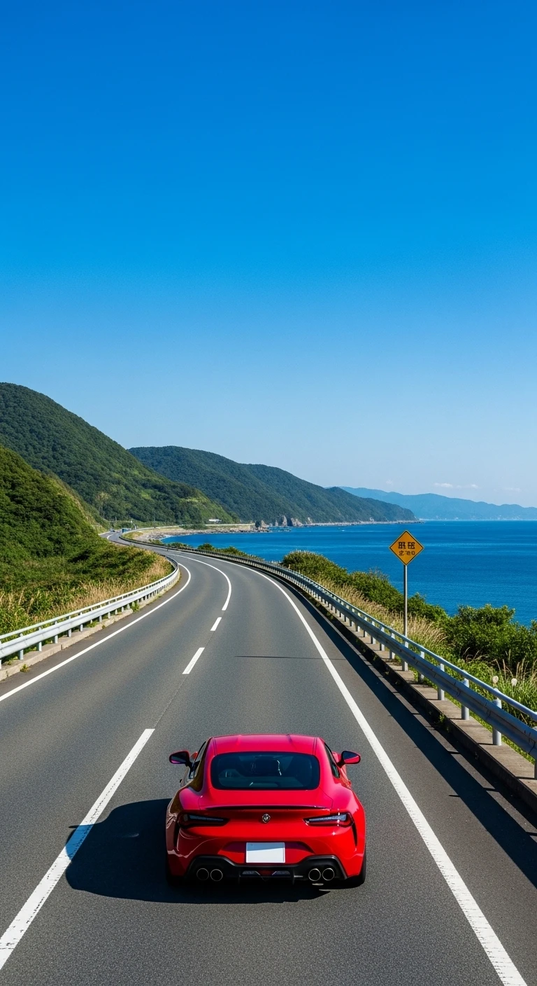 Red sports car driving on scenic coastal road