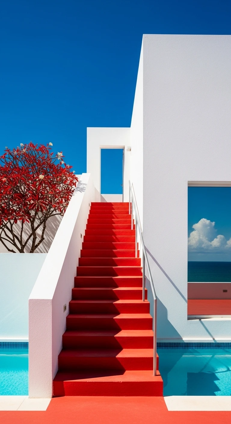 Vibrant red staircase on modern white building with pool