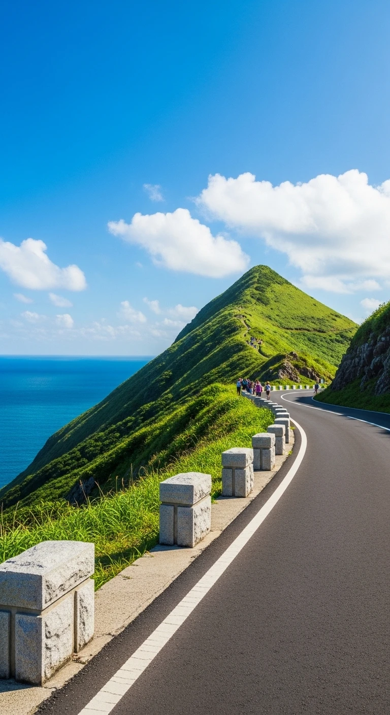 Winding coastal road on a green mountain ridge
