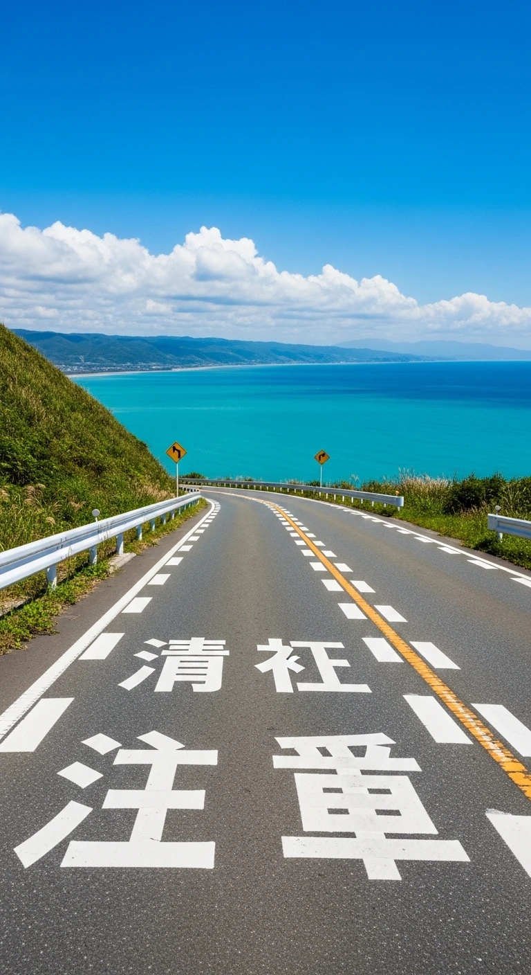 Scenic coastal road in Japan overlooking turquoise ocean and mountains