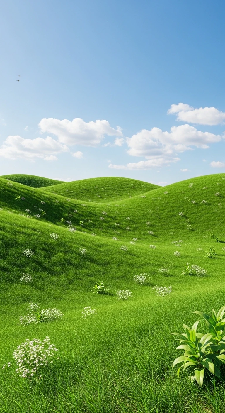 Rolling green hills with white flowers under blue sky