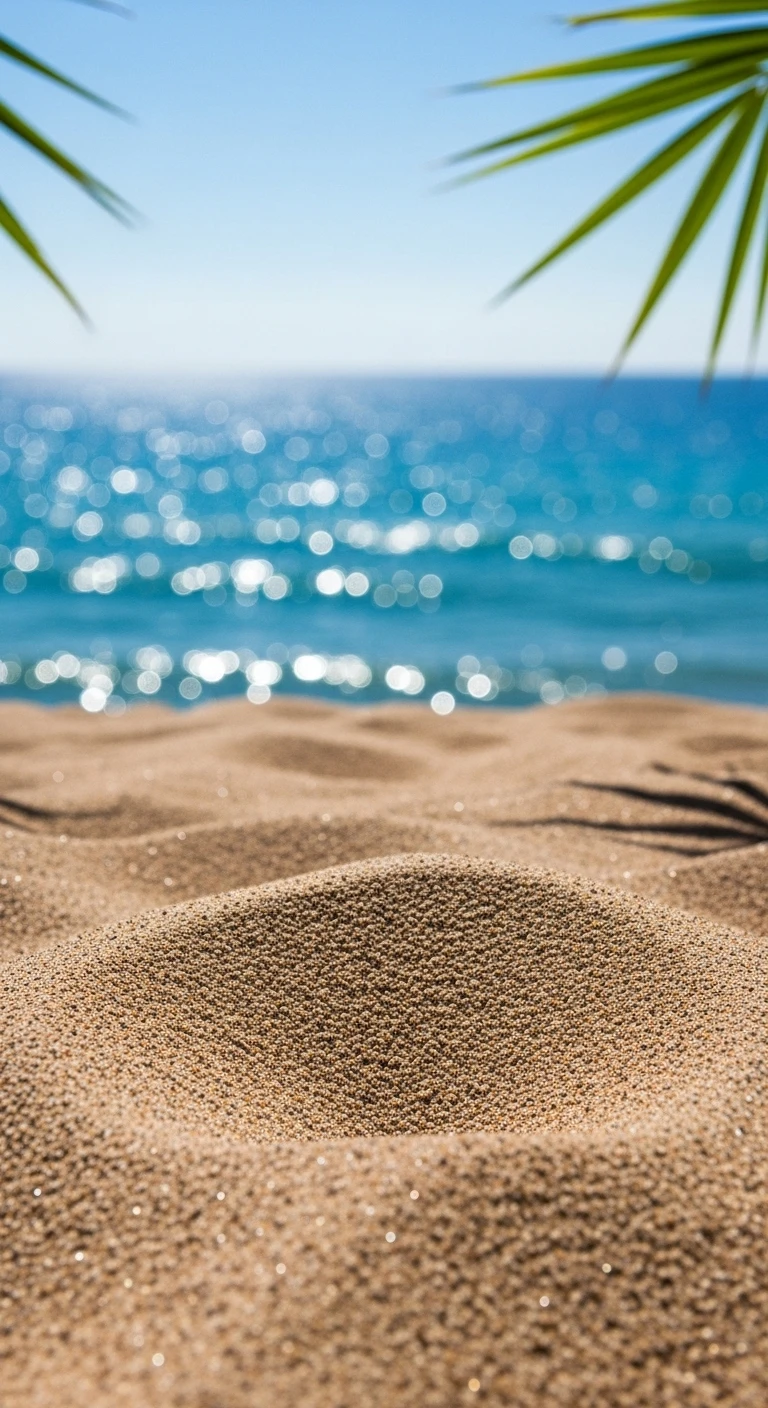 Close-up of tropical sandy beach with blurred ocean background