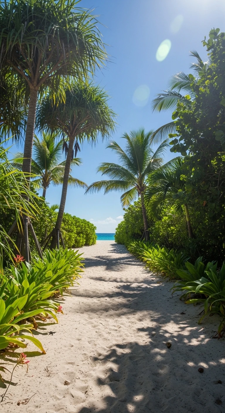 Sandy path leading to a tropical beach with palm trees