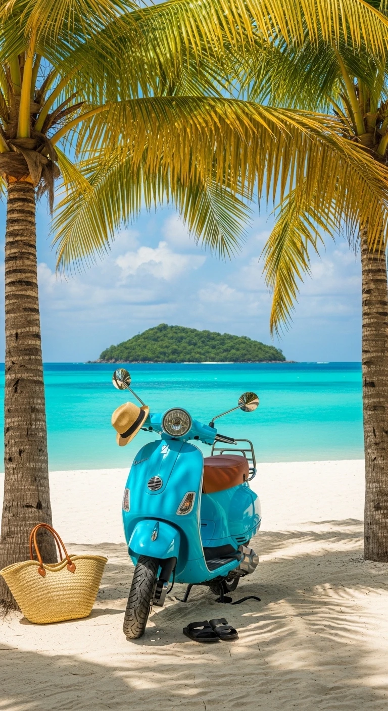 Blue retro scooter on a tropical white sand beach
