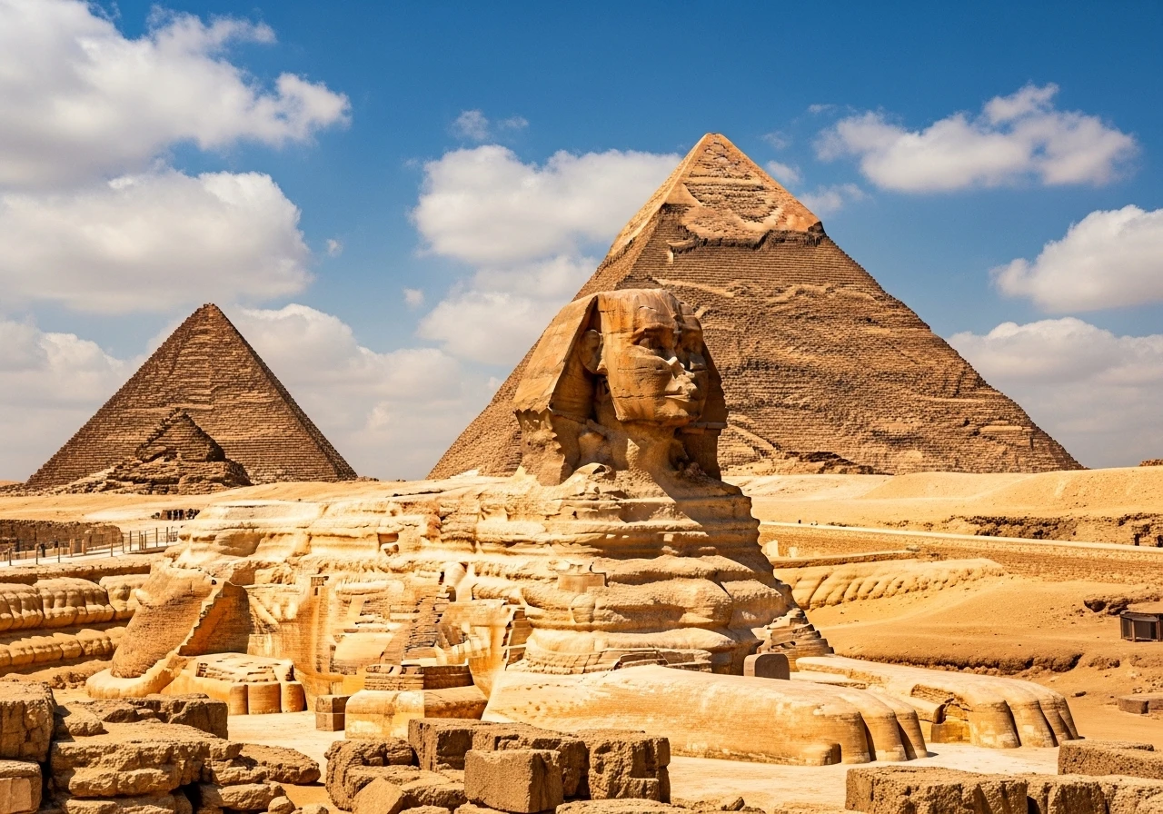 The Great Sphinx of Giza with pyramids in background