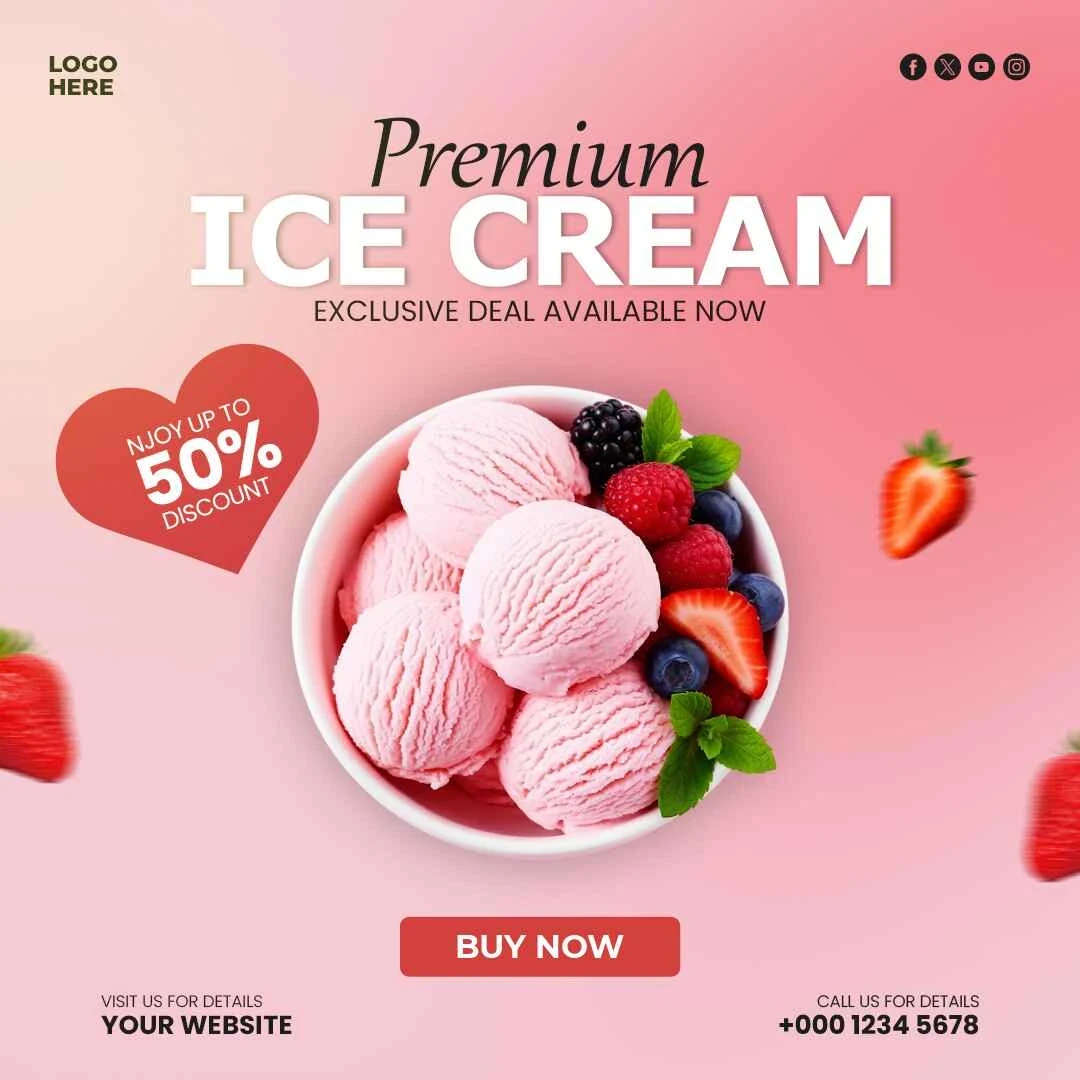 Strawberry ice cream promotion banner with fresh mixed berries