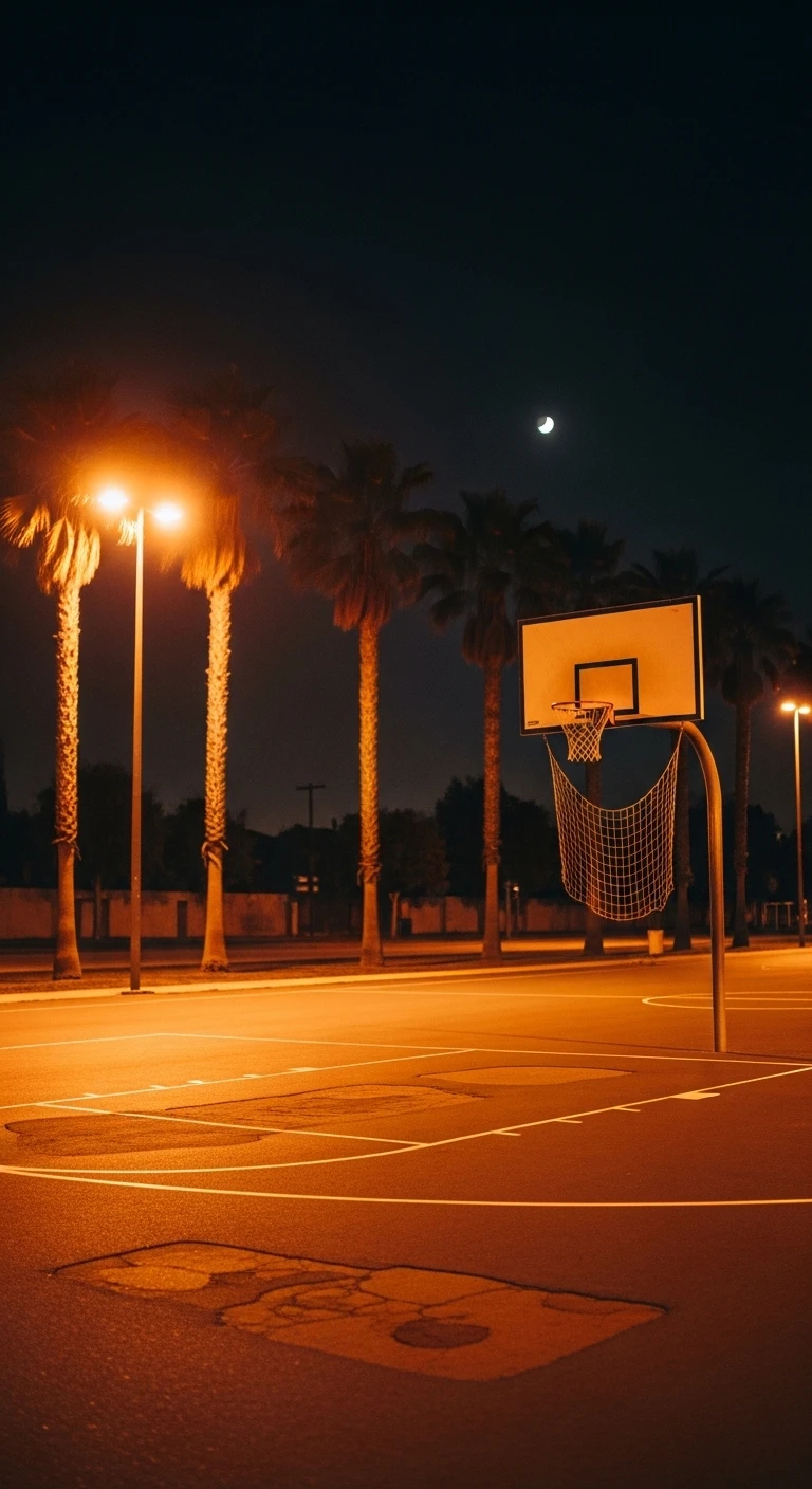Outdoor basketball court at night with palm trees and moon