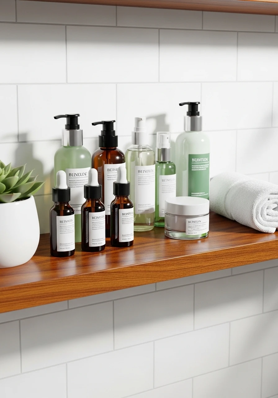 Minimalist skincare products on a wooden bathroom shelf