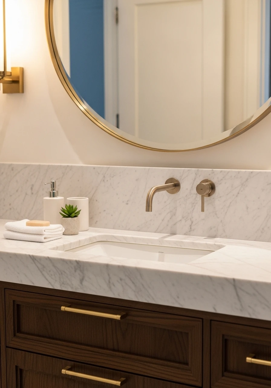 Modern bathroom vanity with marble countertop and gold fixtures