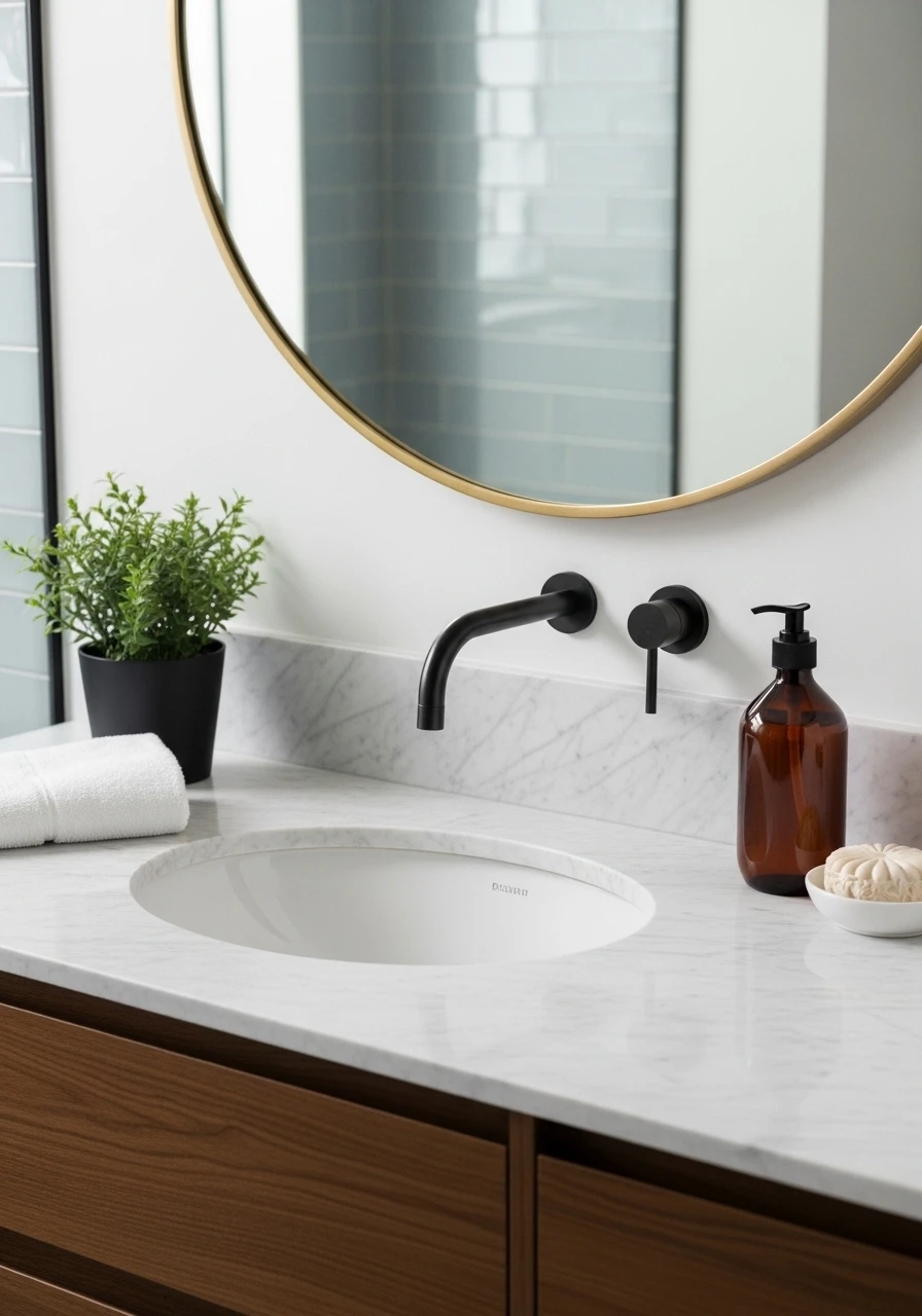 Modern bathroom vanity with marble countertop and black faucet