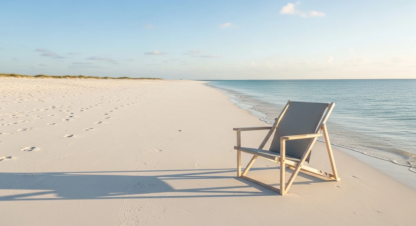Empty deck chair on white sand beach at sunset