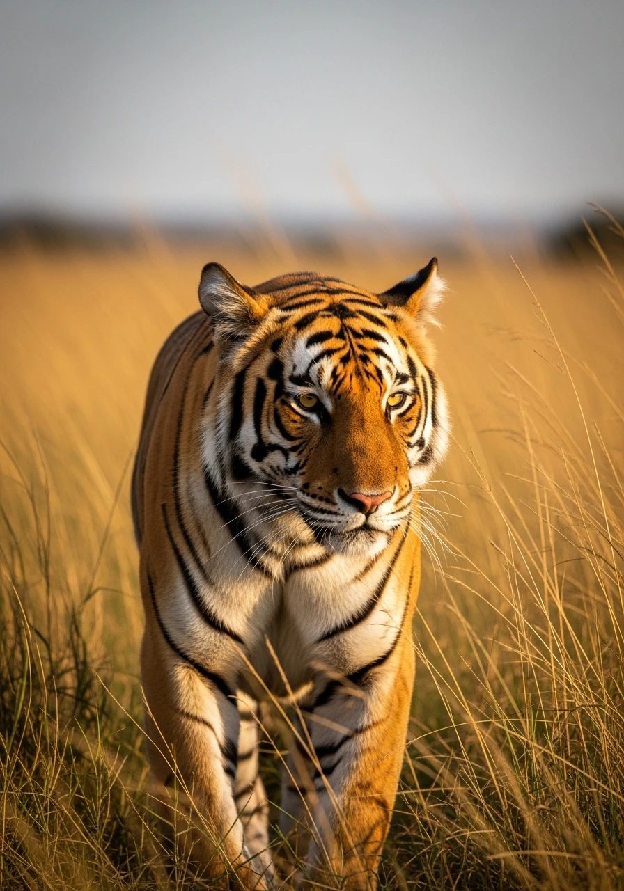 Bengal tiger walking through tall grass at sunset