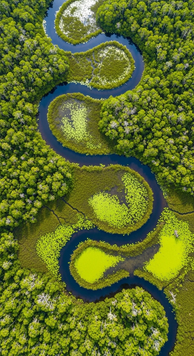 Aerial view of a winding river through lush green forest