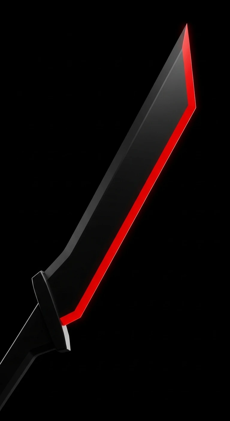 Futuristic black sword with glowing red edge on black background