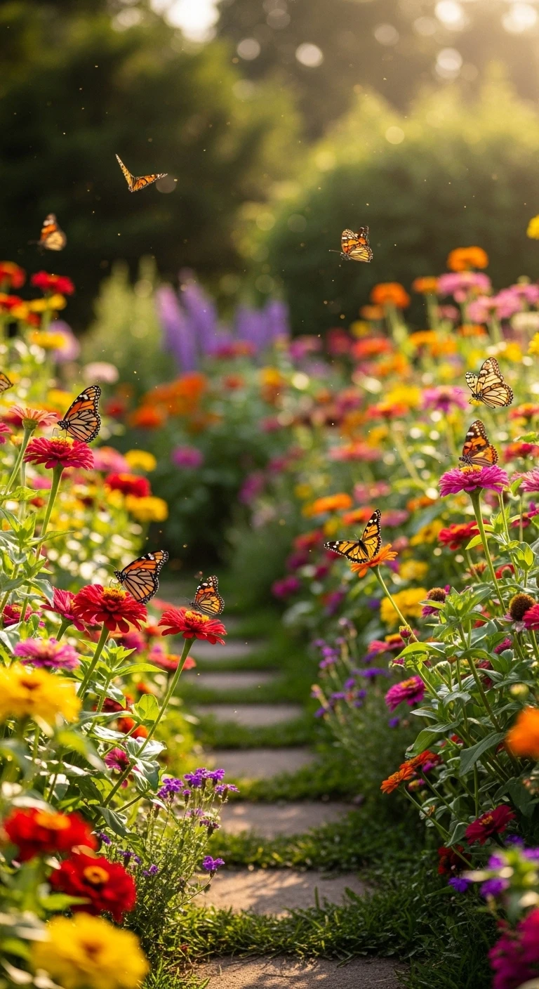 Monarch butterflies flying over a colorful garden path at sunset