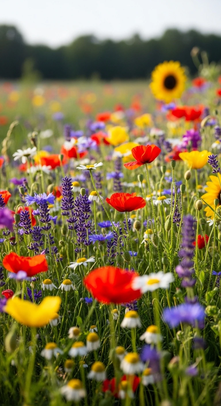Summer meadow with colorful poppies, lavender, and sunflowers