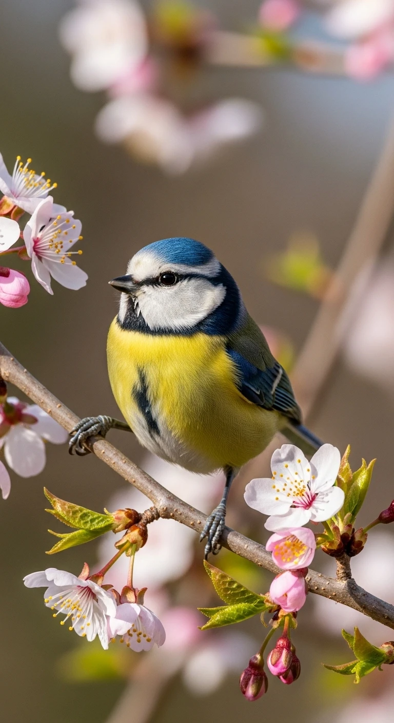 Eurasian blue tit perched on blossoming tree branch in spring
