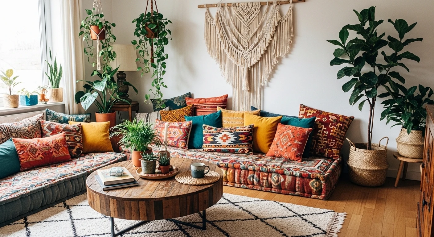 Eclectic bohemian living room interior with floor seating and plants