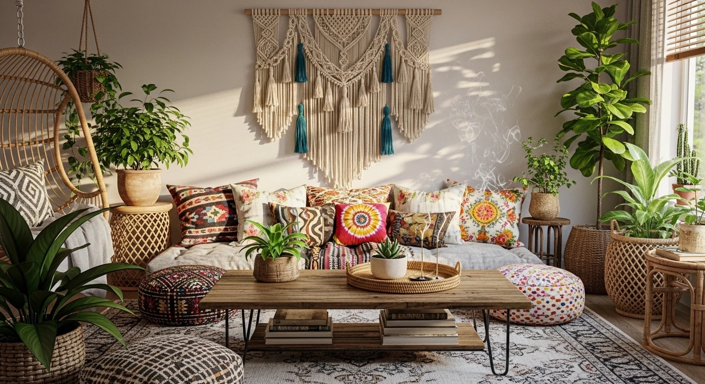 Sunlit bohemian living room with macramé wall hanging and plants
