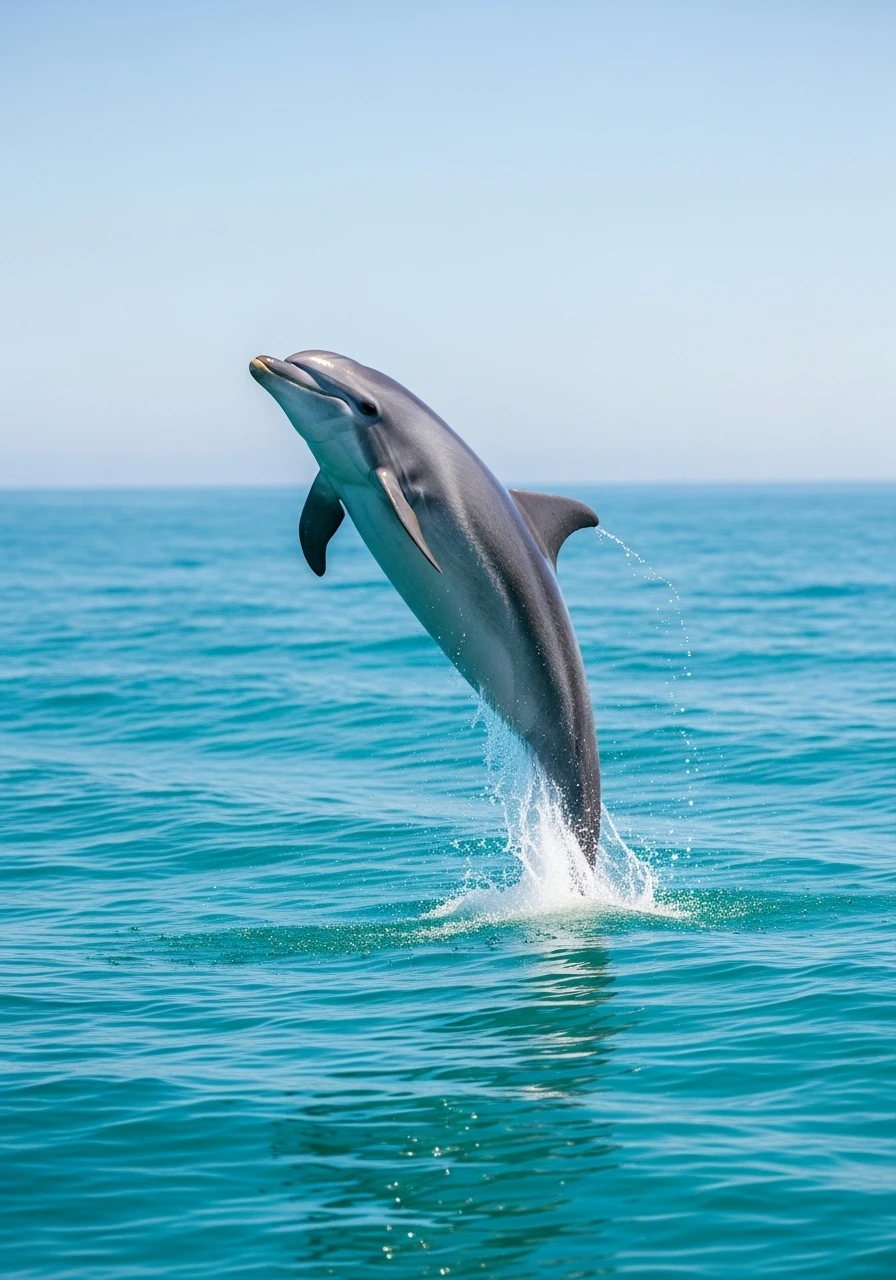 Bottlenose dolphin jumping out of the blue ocean water