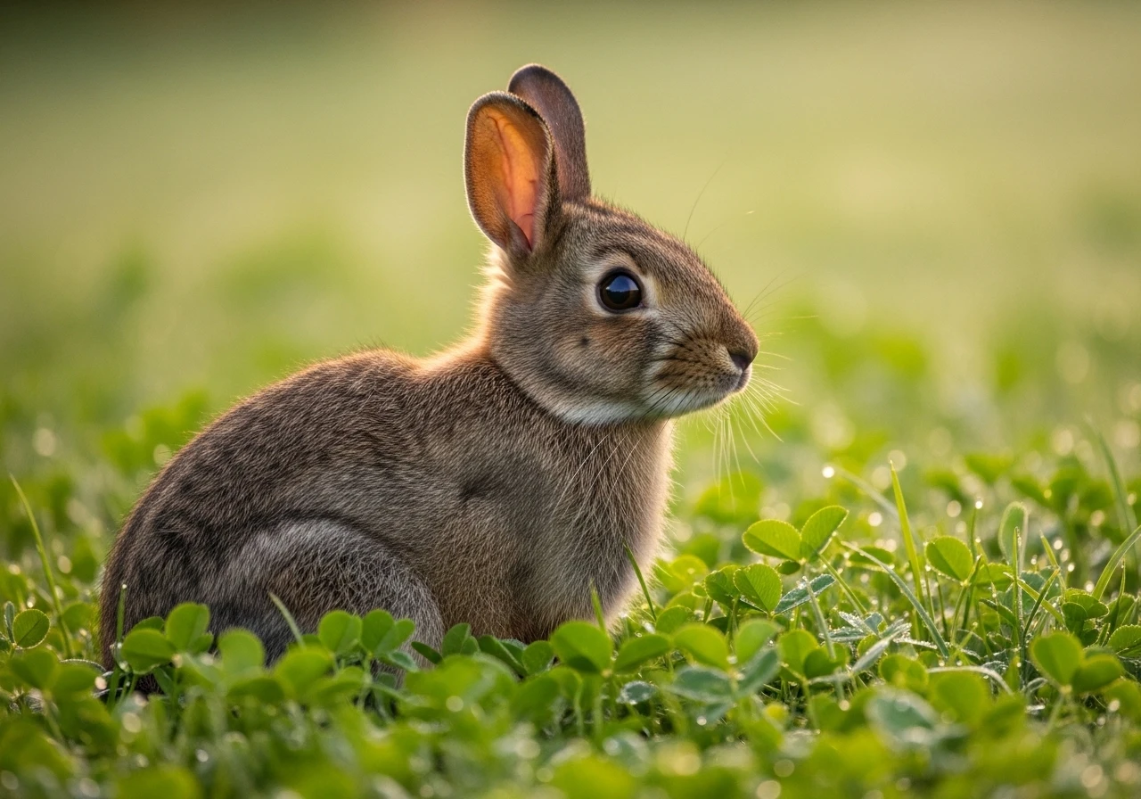 Wild rabbit sitting in a green clover field at sunset