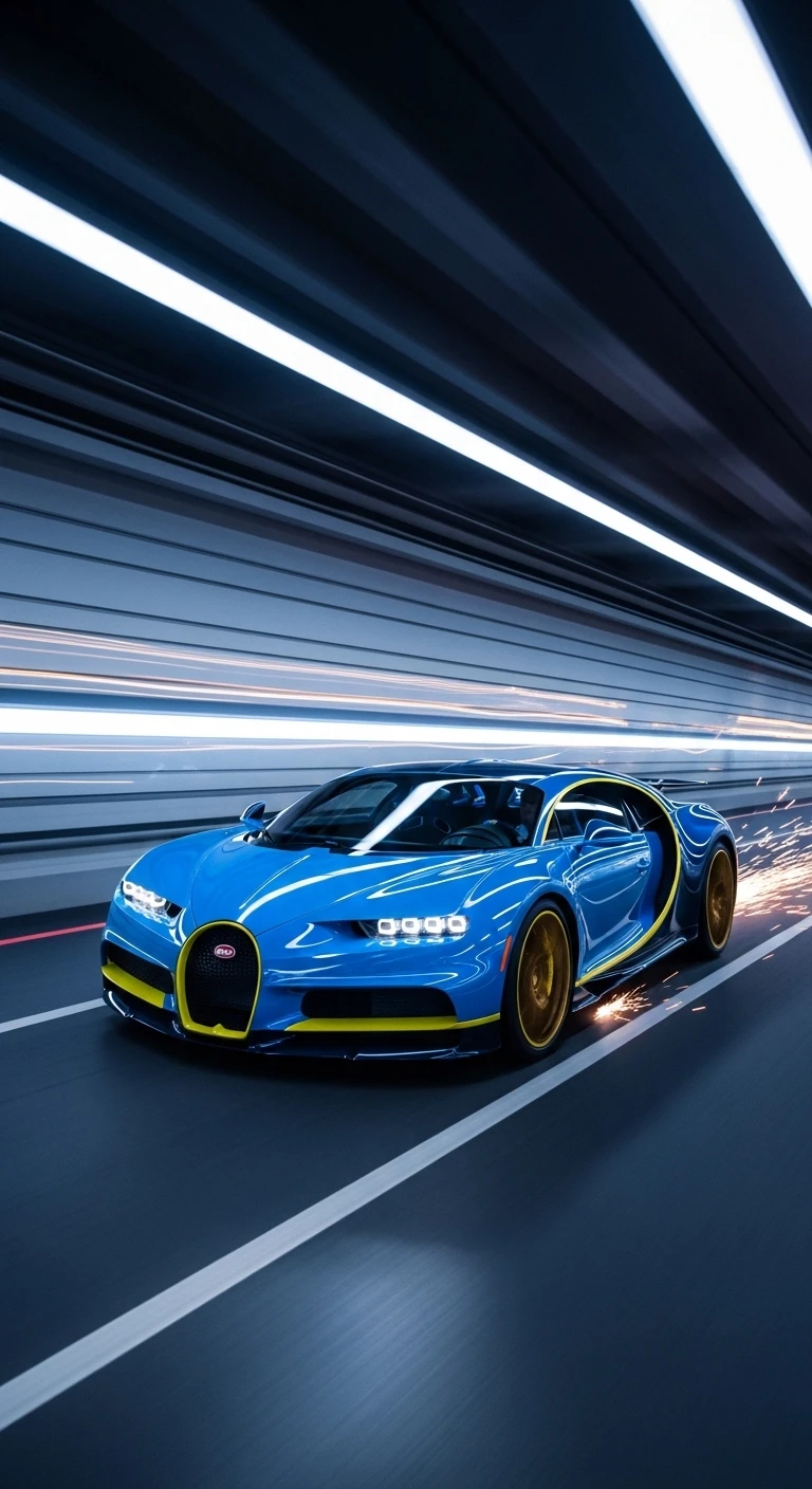 Blue hypercar speeding through a modern tunnel with sparks