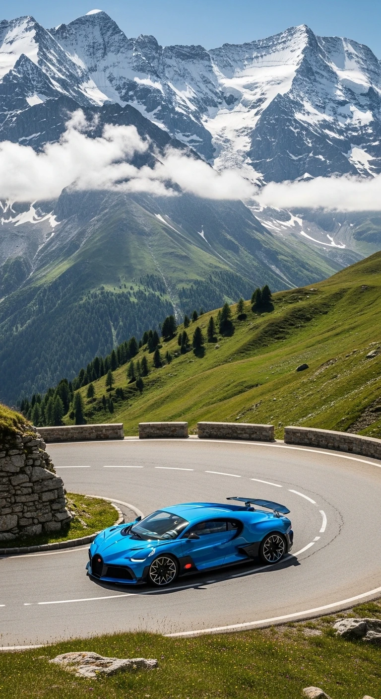 Blue luxury sports car driving on a winding mountain pass