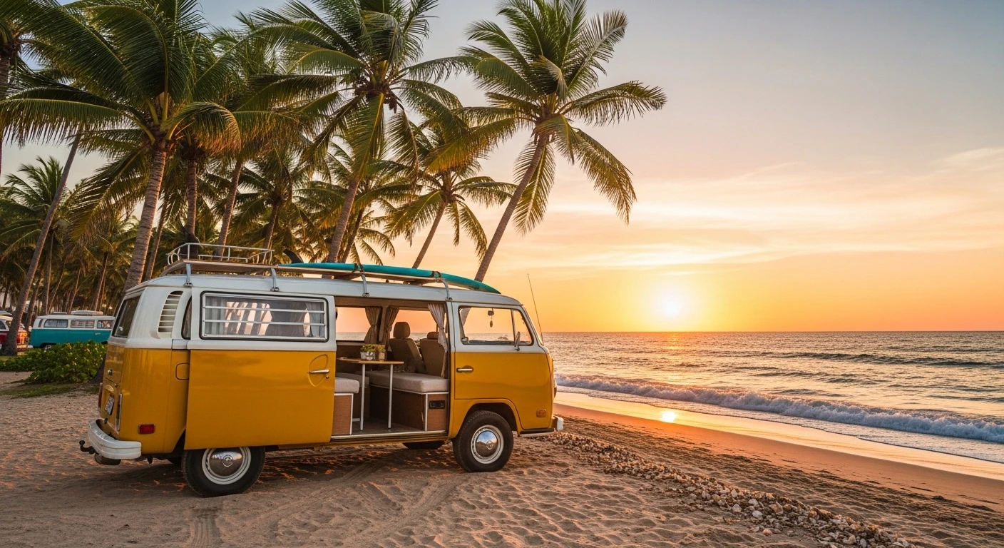 Vintage yellow camper van on tropical beach at sunset