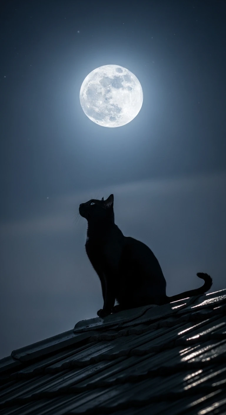 Black cat silhouette on a roof under a full moon