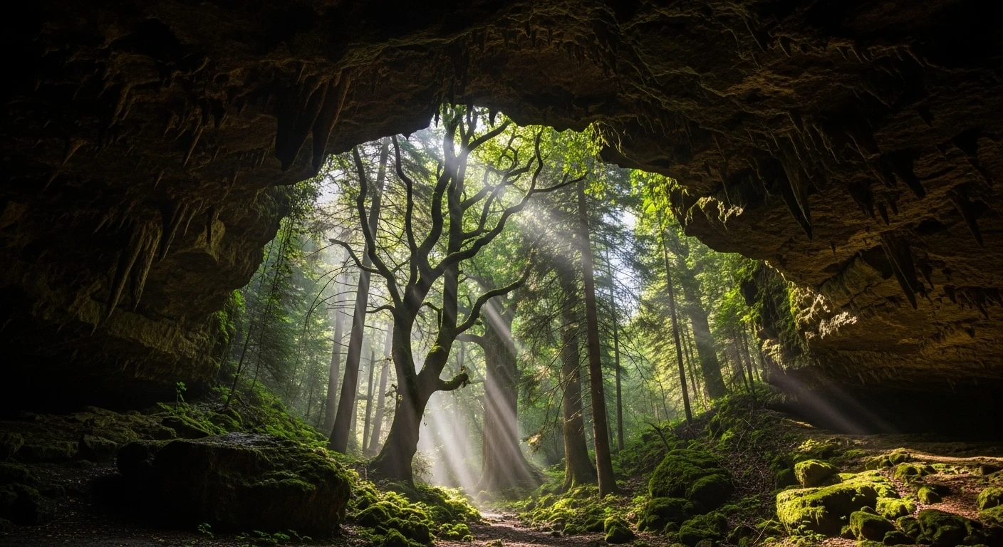 Sunlight streaming through a forest seen from a cave