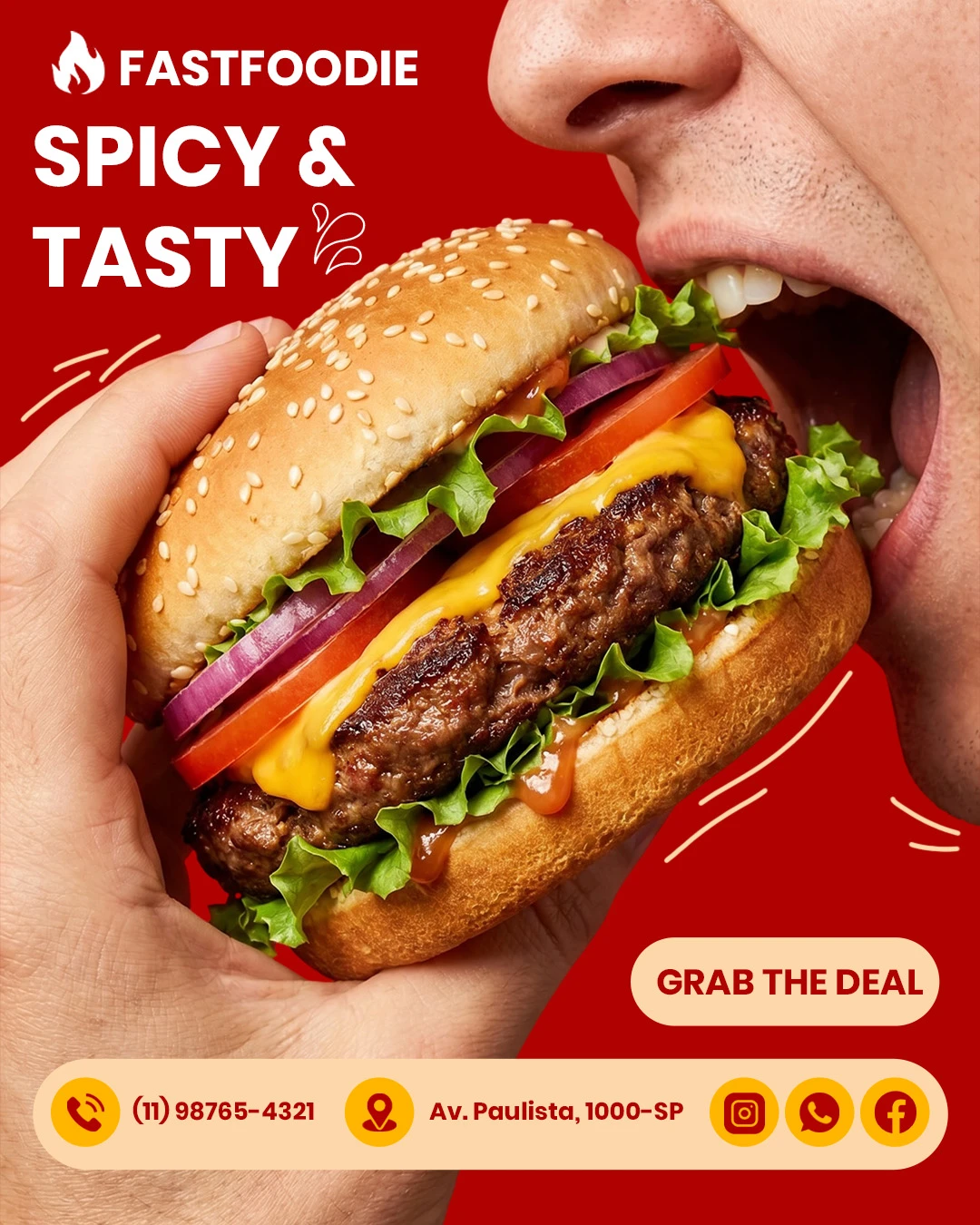Spicy Burger Fast Food Restaurant Promotion Social Media Flyer Editable PSD Template