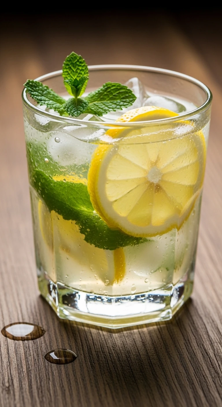 Refreshing lemonade with mint and ice in a glass