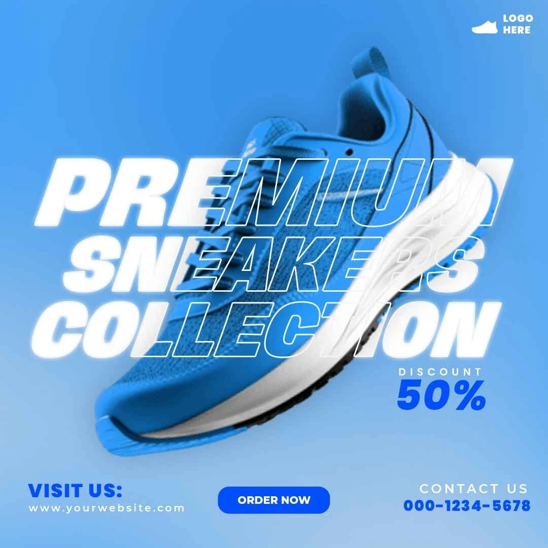 Blue running shoe advertisement template for social media