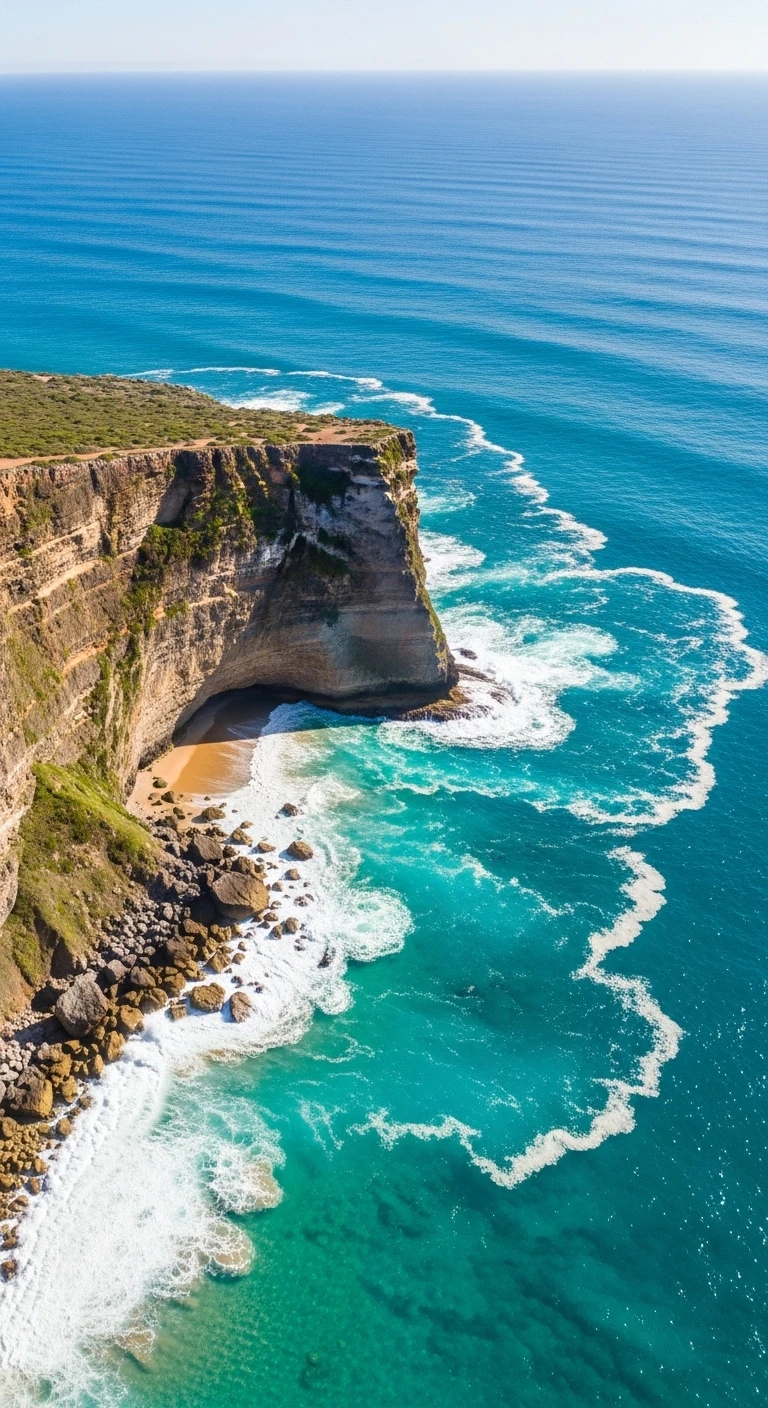 Aerial view of steep rocky cliffs and turquoise ocean waves