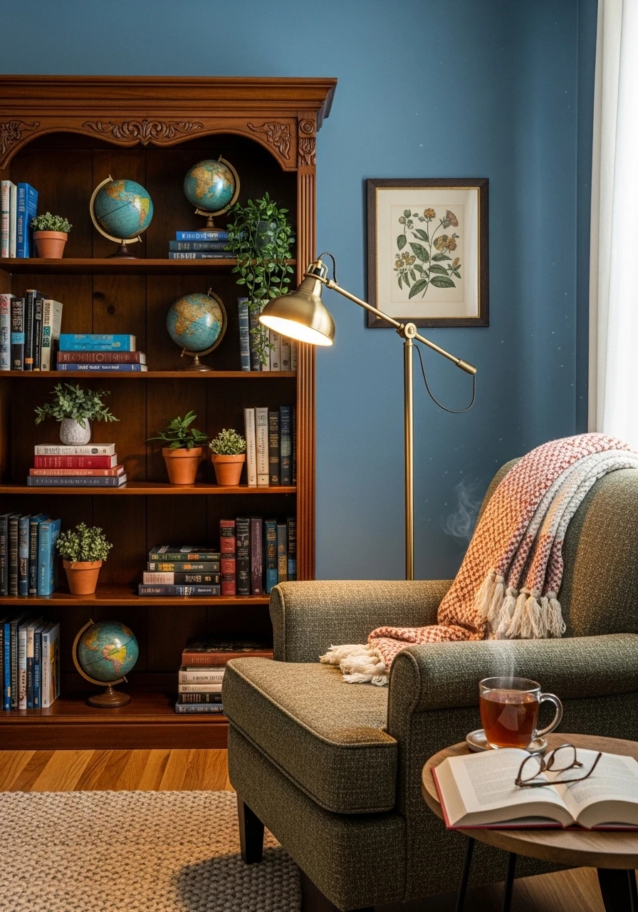 Cozy reading nook with green armchair and wooden bookshelf