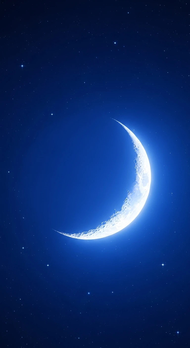 Bright crescent moon in a deep blue starry night sky