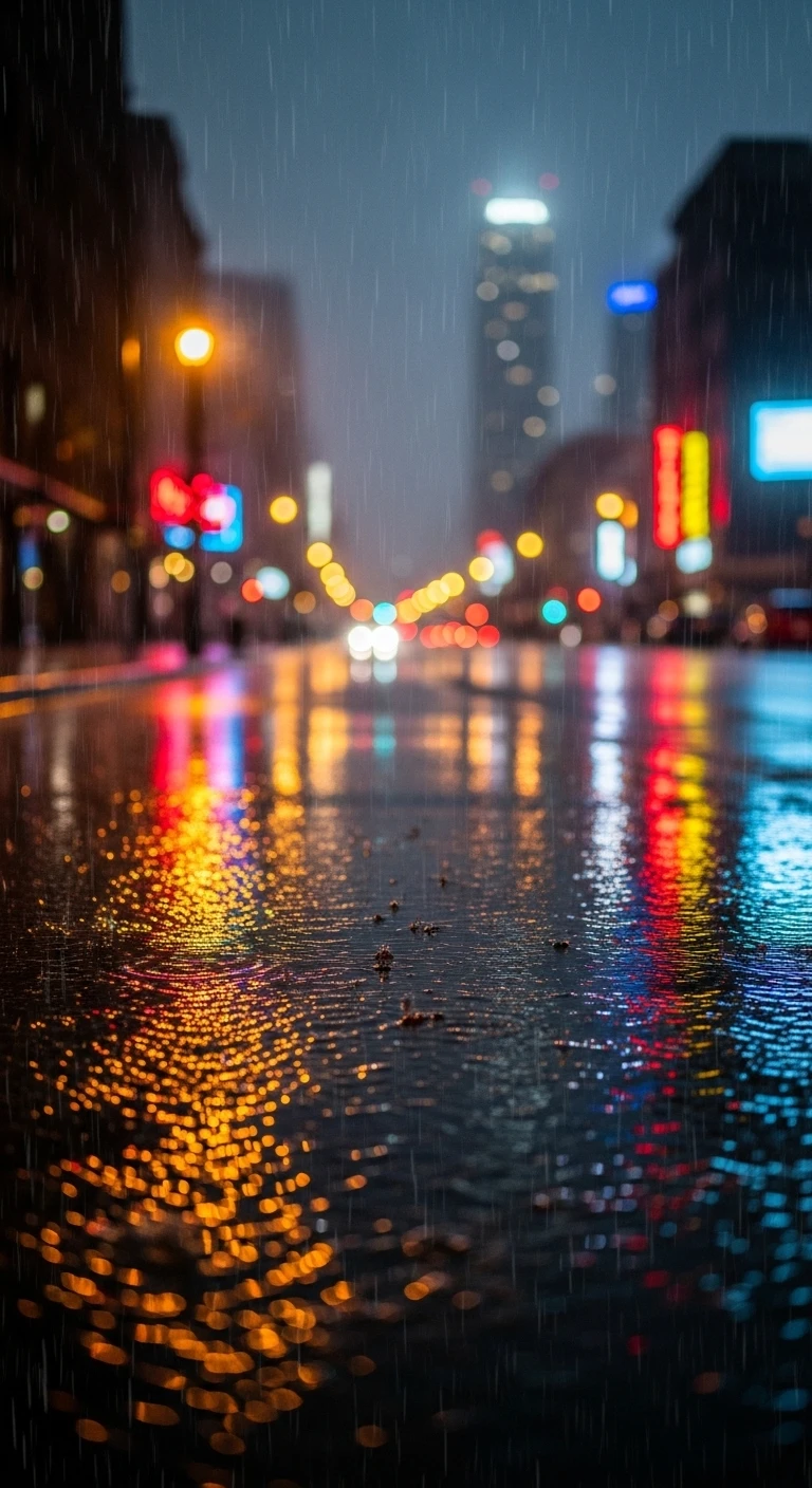Night city street with colorful reflections on wet pavement