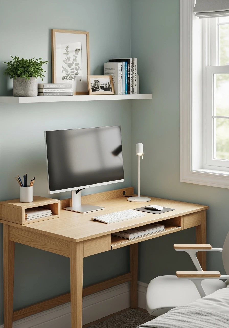 Modern minimalist home office with wooden desk and computer