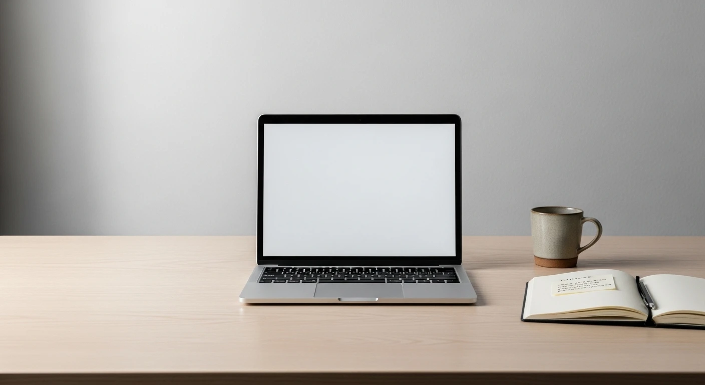 Laptop with blank screen on wooden desk with notebook