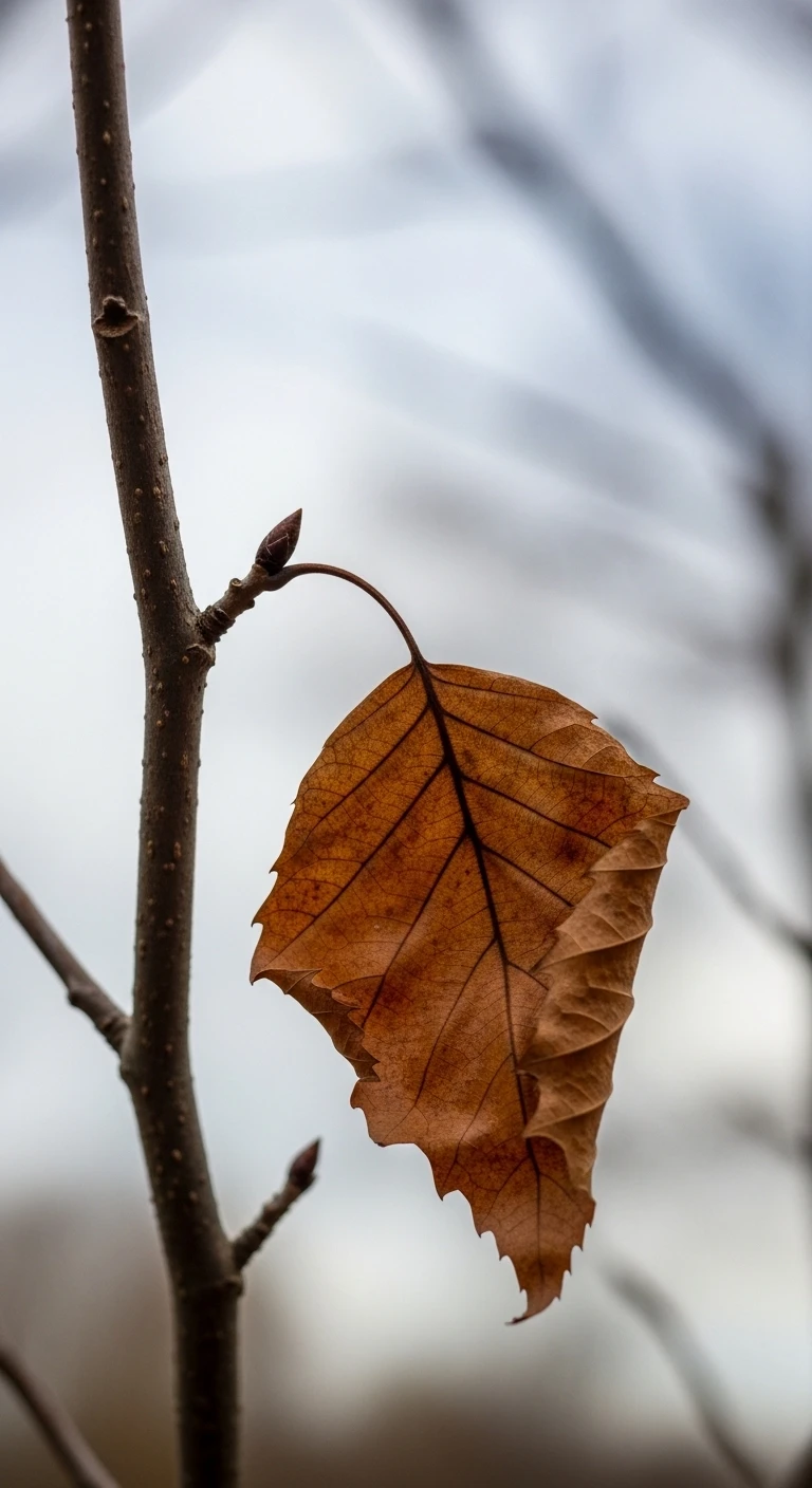 Single dry brown leaf hanging on a bare winter branch
