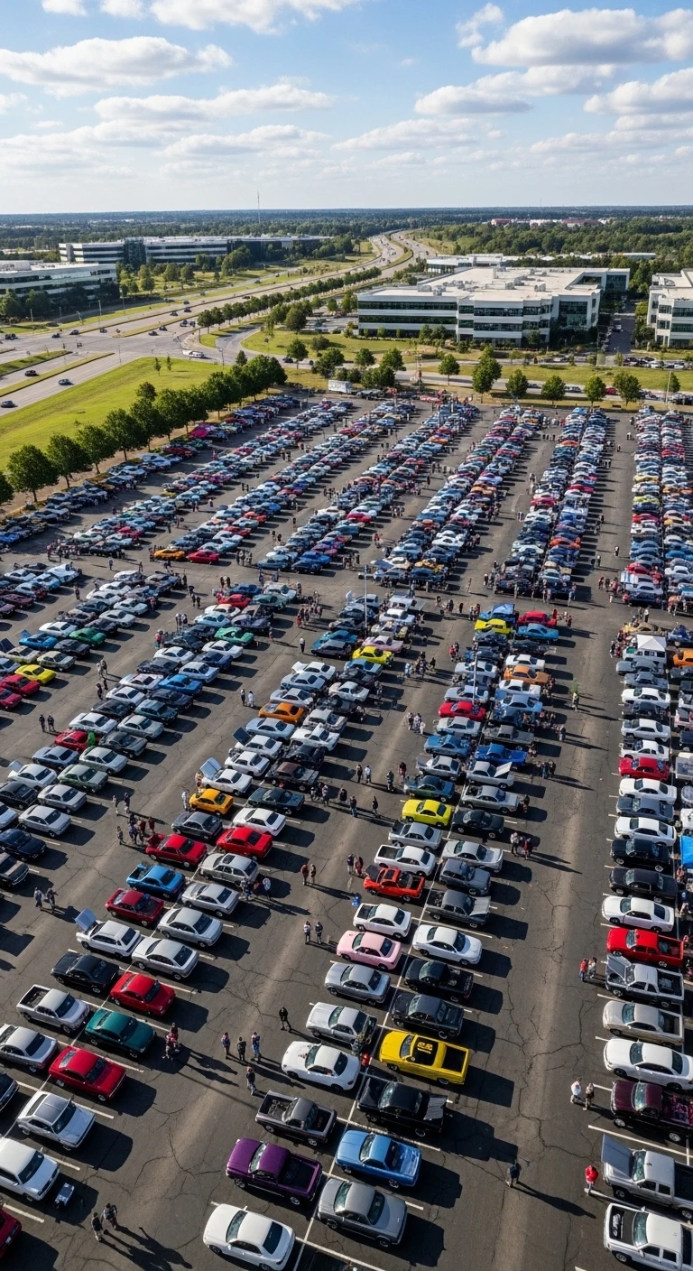 Aerial view of a large car meet in a parking lot