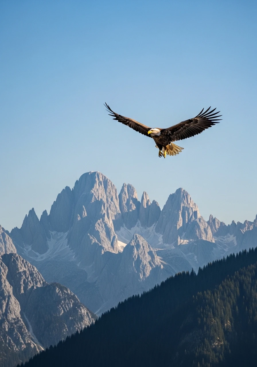 Bald eagle flying over snow-capped mountains