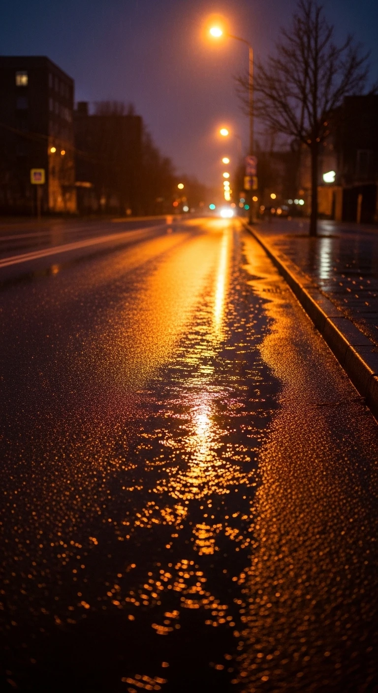 Wet city street with warm light reflections at night