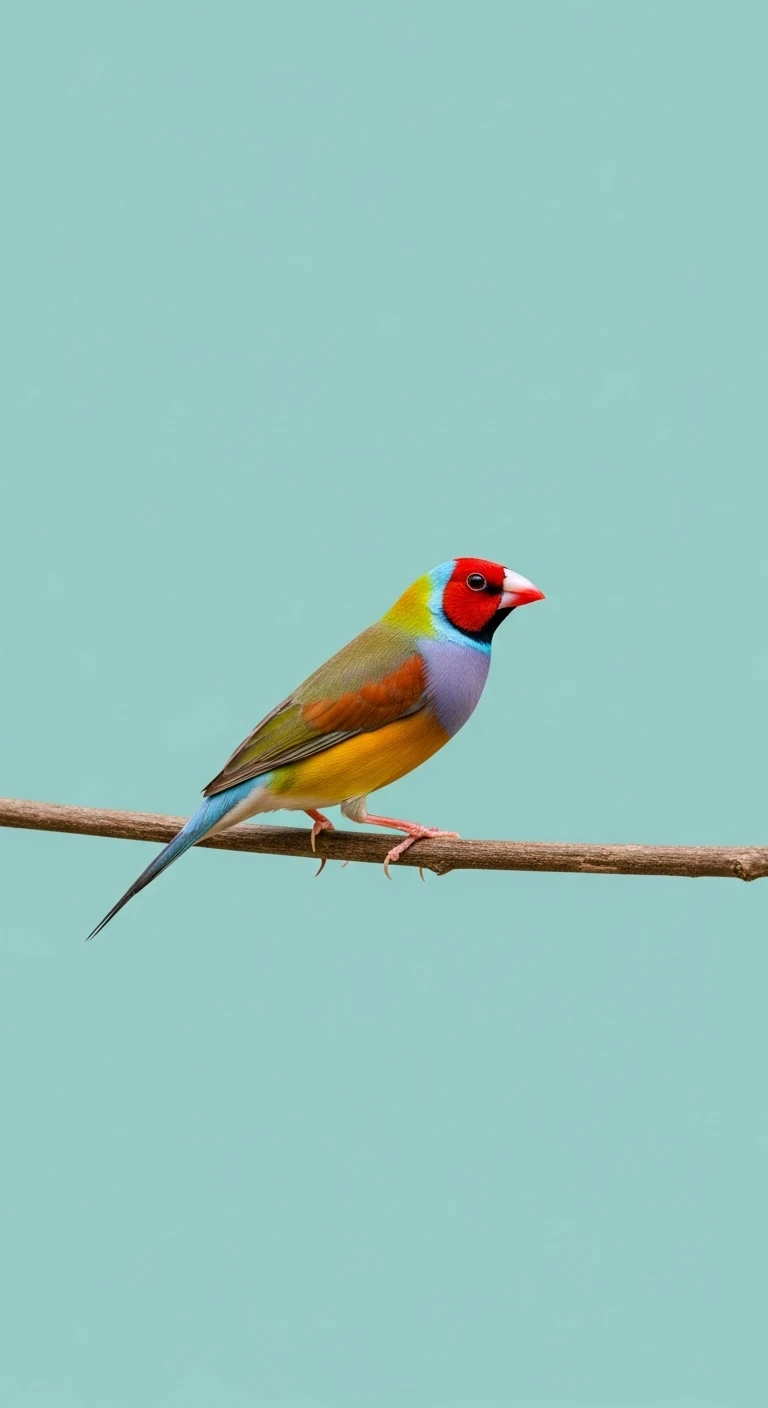 Colorful Gouldian finch perching on a branch against teal background